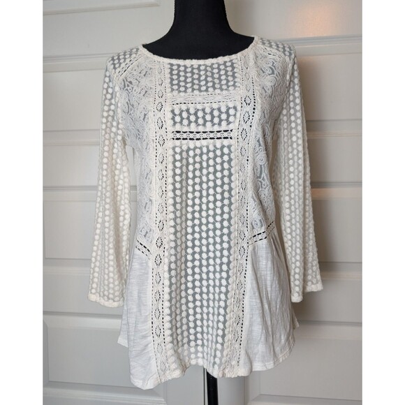 Lucky Brand Tops - Lucky Brand Mixed Lace Blouse Size S Ivory Embroidered Sheer Boho Peasant